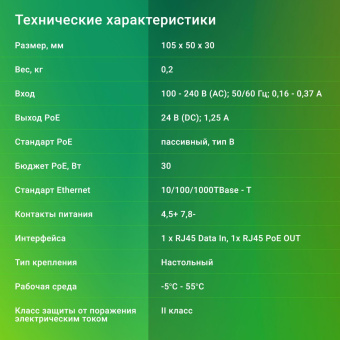 Инжектор PoE Digma DNP30W24GTBP 10/100/1000BASE-T 30Вт 100-240В(АС) от магазина РЭССИ