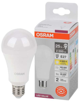 Лампа светодиодная LED Value Грушевидная 25Вт (замена 200Вт), 2000Лм, 3000К, цоколь E27 OSRAM от магазина РЭССИ