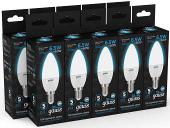 Лампа светодиодная Gauss 103101307 6.5Вт цок.:E14 свеча 220B 6500K св.свеч.бел.хол. (упак.:10шт) от магазина РЭССИ