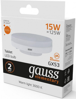 Лампа светодиодная Gauss Elementary GX53 15Вт цок.:GX53 таблетка 220B 3000K св.свеч.бел.теп. (упак.:1шт) (83815) от магазина РЭССИ