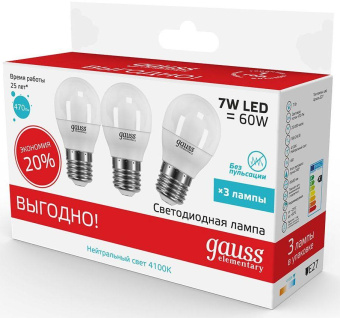 Лампа светодиодная Gauss Elementary 7Вт цок.:E27 шар 220B 4100K св.свеч.бел.ней. (упак.:3шт) (53227T) от магазина РЭССИ