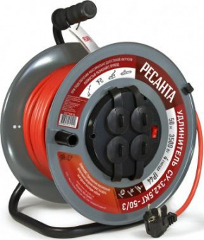 Удлинитель силовой Ресанта СУ-3х2,5КГ-50/3 (61/118/10) 2x1.0кв.мм 4розет. 40м ПВС катушка серый от магазина РЭССИ
