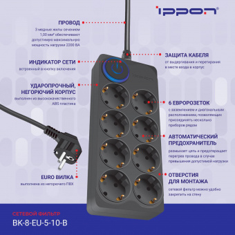 Сетевой фильтр Ippon BK-8-EU-5-10-B 5м (8 розеток) черный (коробка) от магазина РЭССИ