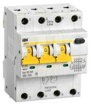 Выключатель автом. дифф. тока IEK MAD22-6-025-C-30 АВДТ 34 25A тип C 6kA 30мА A 4П 400В 4мод белый (упак.:1шт) от магазина РЭССИ