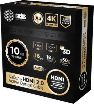 Кабель аудио-видео Cactus CS-HDMI-AOC-2-50 HDMI (m)/HDMI (m) 50м. позолоч.конт. черный от магазина РЭССИ