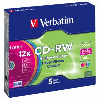 Диск CD-RW Verbatim 700Mb 12x Slim case (5шт) Color (43167) от магазина РЭССИ