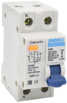 Автоматический вык.диф. DZ59LE-40 1P+N 25A 30mA х-ка 4.5kA  от магазина РЭССИ