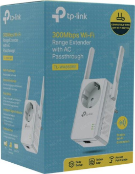 TP-Link TL-WA860RE 300Mbps Wireless N Wall Plugged Range Extender with AC Passthrough, QCA(Atheros), 2T2R, 2.4GHz, 802.11n/g/b, 1 100/10Mbps LAN port, Ranger Extender button, Range extender mode, 2 fixed antennas,  support IGMP Snooping for IPTV от магазина РЭССИ