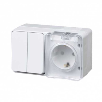 AtlasDesign Profi54 О/У БЛОК: розетка с  заземлением со шторками 16А 250B, выключатель двухклавишный IP54 10А, БЕЛЫЙ, Россия от магазина РЭССИ