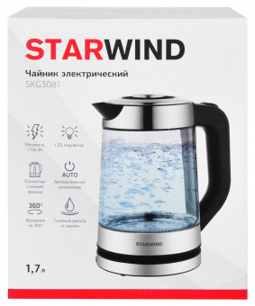 Чайник электрический Starwind SKG3081 1.7л. 1700Вт черный/серебристый (корпус: стекло) от магазина РЭССИ