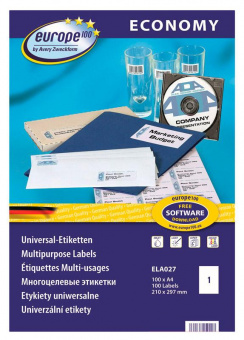 Этикетки Europe100 ELA027-100 A4 210x297мм 1шт на листе/70г/м2/1л./белый матовое самоклей. универсальная от магазина РЭССИ