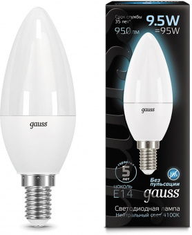 Лампа светодиодная Gauss 9.5Вт цок.:E14 свеча 220B 4100K св.свеч.бел.ней. 35-C (упак.:1шт) (103101210) от магазина РЭССИ