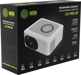 Проектор Cactus CS-PRE.08B.WXGA LCD 1500Lm LS 150Lm ANSI (1280x720) 1000:1 ресурс лампы:30000часов 1xUSB typeA 1xHDMI 0.5кг от магазина РЭССИ