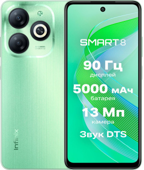 Смартфон Infinix X6525 Smart 8 64Gb 3Gb зеленый моноблок 3G 4G 2Sim 6.56" 720x1612 Android 13 13Mpix 802.11 a/b/g/n/ac GPS GSM900/1800 GSM1900 TouchSc Protect FM A-GPS Micro SD max2048Gb от магазина РЭССИ