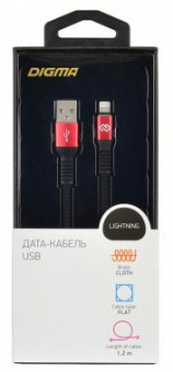 Кабель Digma LIGHT-1.2M-FLAT-BLK USB (m)-Lightning (m) 1.2м черный/красный плоский от магазина РЭССИ