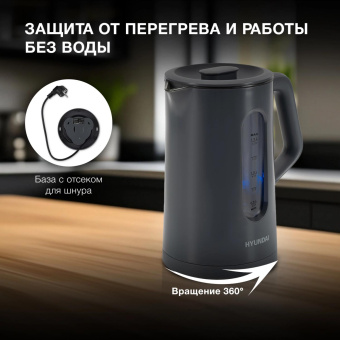 Чайник электрический Hyundai HYK-G4508 1.5л. 1700Вт серый/прозрачный корпус: стекло от магазина РЭССИ