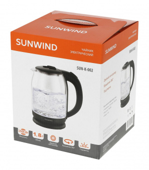 Чайник электрический SunWind SUN-K-002 1.8л. 1500Вт прозрачный/черный (корпус: стекло) от магазина РЭССИ