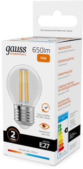 Лампа филам. Gauss Filament 10Вт цок.:E27 шар св.свеч.бел.теп. (упак.:10шт) (52210) от магазина РЭССИ