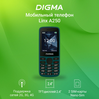 Мобильный телефон Digma A250 Linx 128Mb зеленый моноблок 3G 4G 2Sim 2.4" 240x320 GSM900/1800 GSM1900 microSD max32Gb от магазина РЭССИ