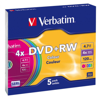 Диск DVD+RW Verbatim 4.7Gb 4x Slim case (5шт) Color (43297) от магазина РЭССИ
